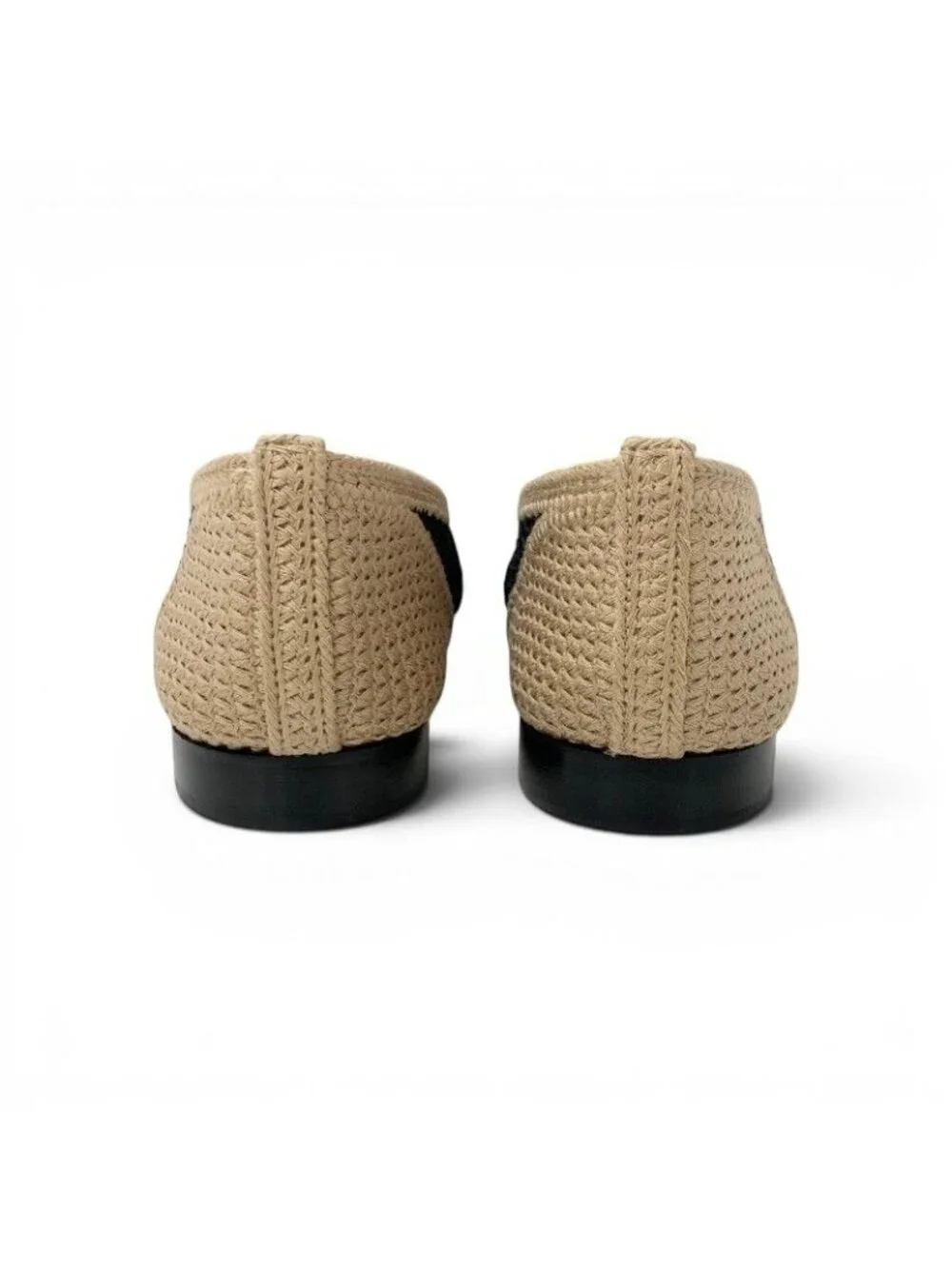 Chanel Flat Shoes Raffia Beige Black Ballerina CC Logo Ballet